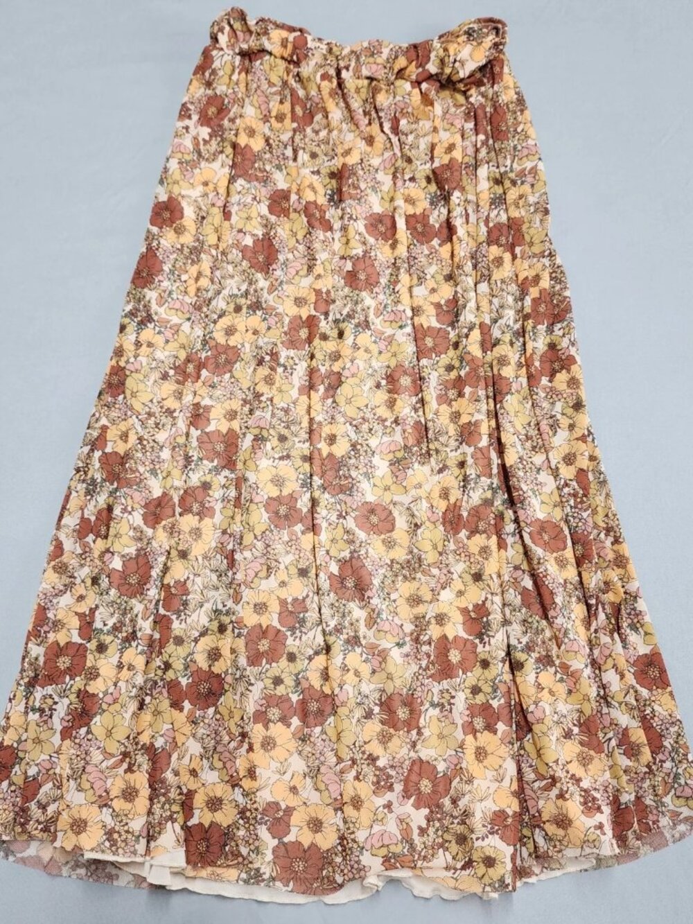 Originality Floral Mesh Midi Skirt Womens Size S Brown Yellow Lined Pull On